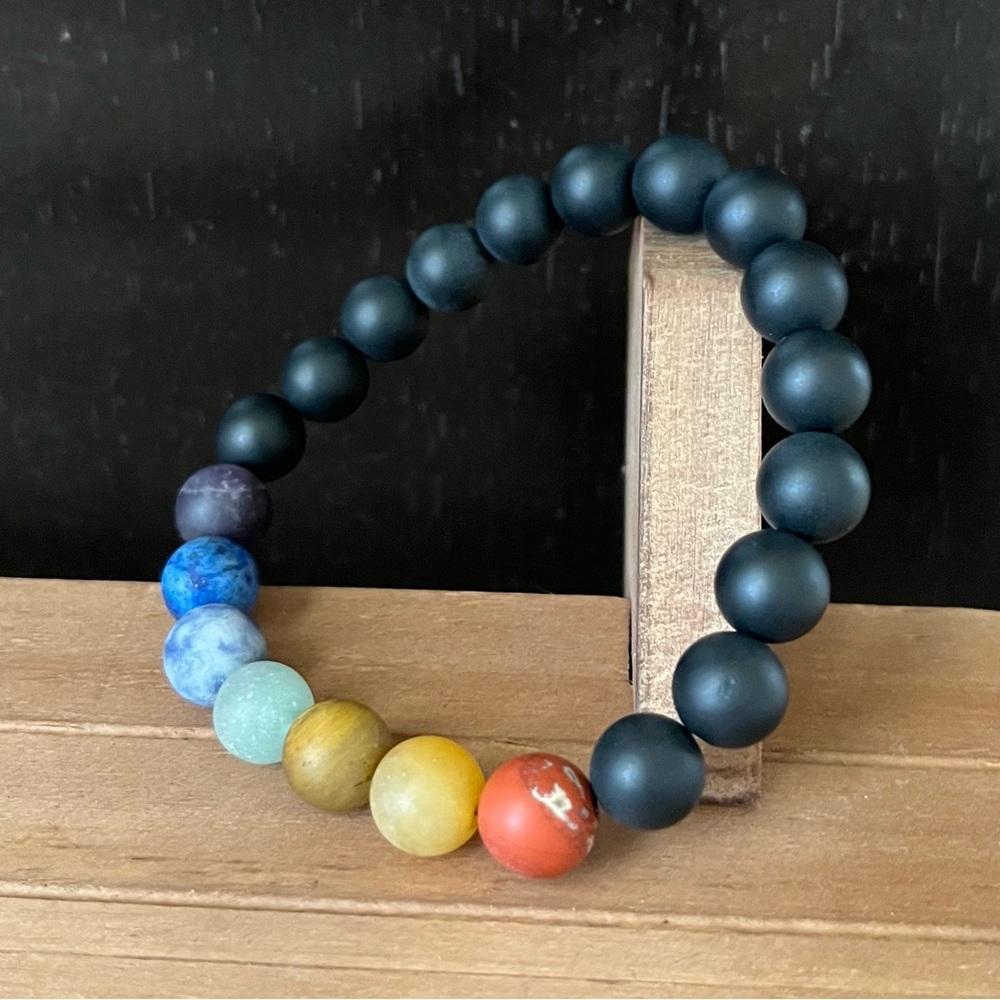 7 Stone Chakra Crystal 10mm Beaded Bracelet With Black Obsidian